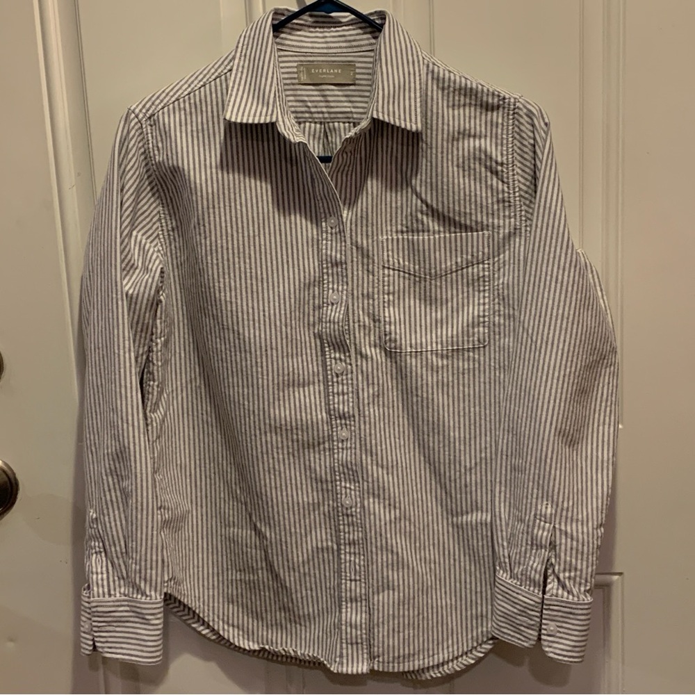 Everlane White Gray Organic Cotton Striped Button Down Collar Shirt Top Size 2